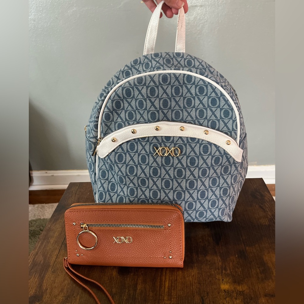 XOXO Denim Blue and Cream Backpack and brown wallet bundle